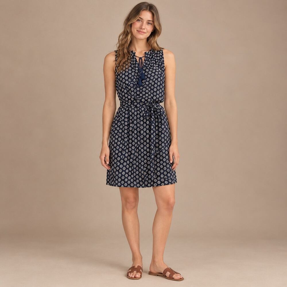 Madewell Vile Coin Tile Navy Silk Sleeveless Tassel Tie A Line Dress Size Medium